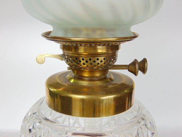 An impressive large brass and cut glass oil lamp with opaque lobed glass shade over a star cut glass - Image 2 of 2