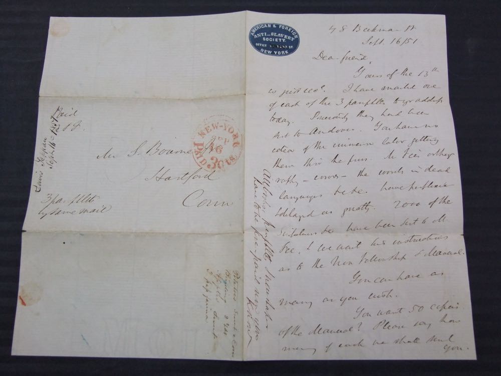 A hand written letter on note paper embossed American and Foreign Anti-Slavery Society, New York,