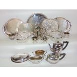 A mixed lot of silver plate to include cut glass silver rimmed bowls, a five piece tea service,