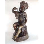 Cast bronze figural study of a seated bacchanalian character in robes holding a bunch of graqpes,