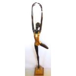 Cast metal sculpture figure of a dancer with gilt highlights and plateau, 120cm tall