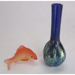 Lustered glass art bottle neck vase; together with a further glass goldfish, (2)