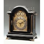 Good antique ebonised three train bracket clock, in architectural arched case fitted with gilt