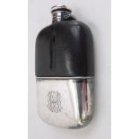 A silver and leather mounted Victorian silver and glass hip flask by James Dickson & Sons, 16 cm