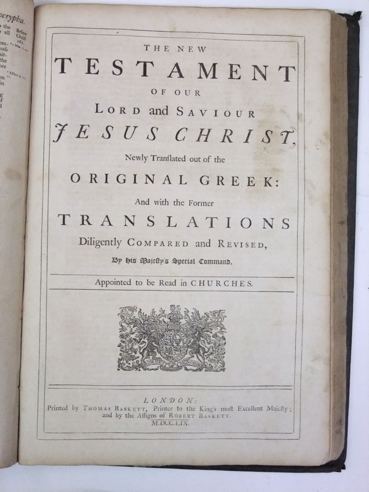 An 18th century bible including the Apocrypha, printed by Thomas Baskett, 1759.