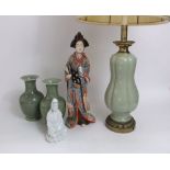 A large lamp base with celadon type glaze and brass fittings including double bulb aperture, with