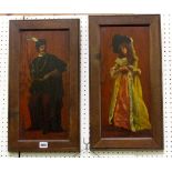 An unusual pair of early 20th century oil paintings on wooden panels, both showing full length