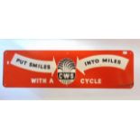 A vintage enamel sign for C. W. S inscribed "Put Smiles Into Miles With A Cycle" with text upon a