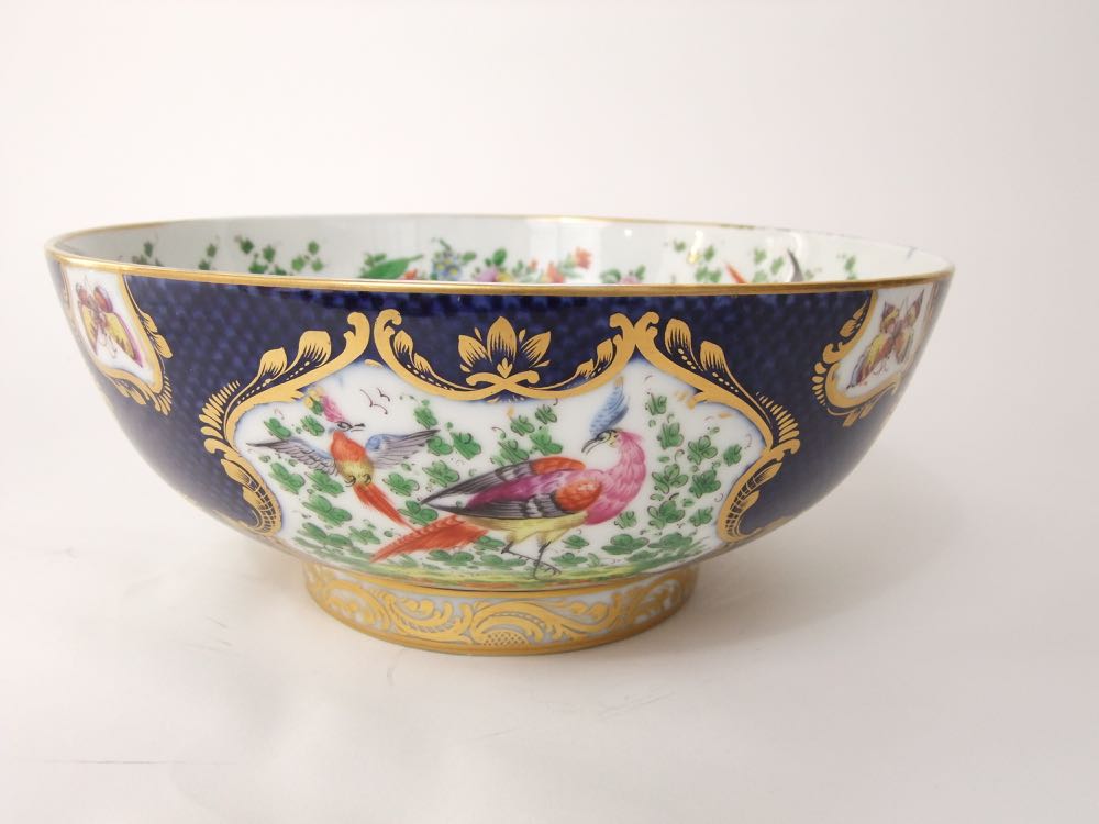 A 19th century punch or fruit bowl in the 18th century manner with blue scale ground and painted - Image 5 of 5