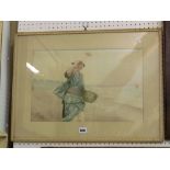 An early 20th century watercolour of a Japanese female character carrying a basket and in a