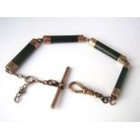 A gold plated Victorian watch chain consisting of four moss agate panels, 15.5g