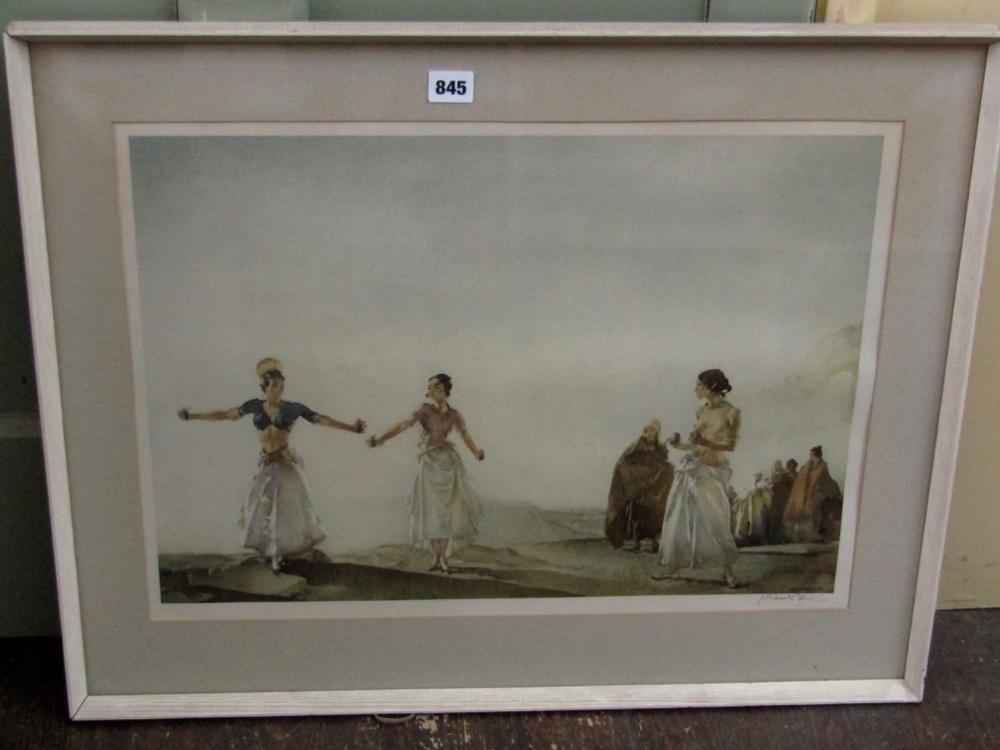 A signed coloured print after Sir William Russell Flint of Spanish style dancers, with castanets,