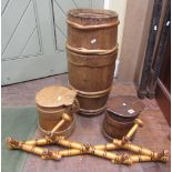 Two Scandinavian pine and beech wood peg tankards/ewers, pine flower barrel bound with birch twigs