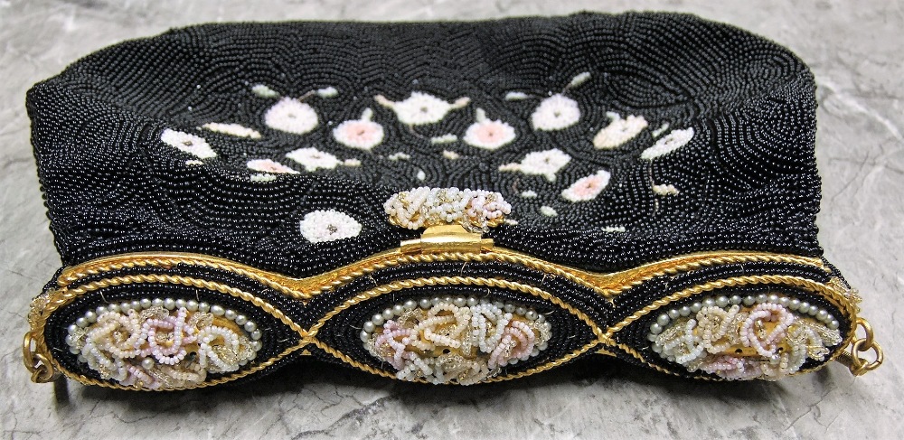 Two French beadwork evening bags in black. One with coloured floral detail - Image 3 of 5