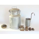 A mixed collection of metalware to include a galvanized milk churn of small proportions, various