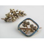 A 15ct brooch with pale blue enamel border and two seed pearl set shamrocks, 4g, together with an