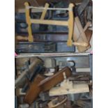 Two boxes containing a large collection of antique and later woodworking planes and others.