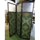 A Victorian mahogany three fold room divider of full height, partially glazed and with fabric