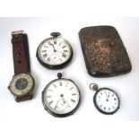 A mixed collection of watches to include a silver pocket watch, silver fob watch, a continental