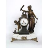 French cast Spelter figural drum head mantle clock, the two train enamel painted dial inscribed 'Rue