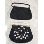 Two French beadwork evening bags in black. One with coloured floral detail