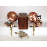 A small quantity of metalware to include a pair of cast brass Rococo type brackets, copper kettle