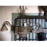 An Edwardian cast brass pendant ceiling light with two additional branches and etched glass shade