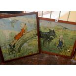 A pair of 20th century coloured nursery prints, one of a little girl feeding a donkey and foal and