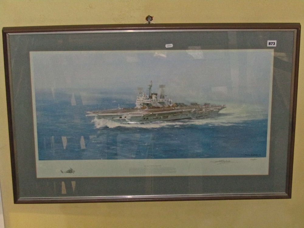 A signed coloured limited edition print after David Shepherd showing HMS The Ark Royal during her