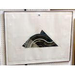 A signed coloured limited edition etching of a geometric subject of triangular form, signed bottom