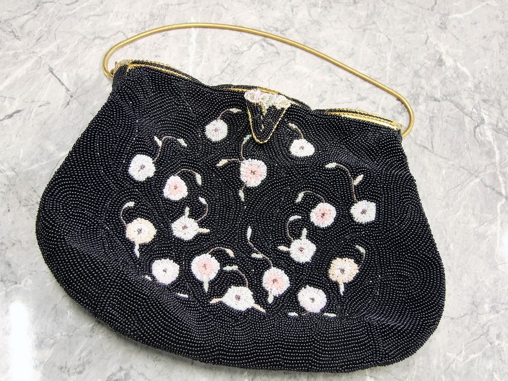 Two French beadwork evening bags in black. One with coloured floral detail - Image 2 of 5