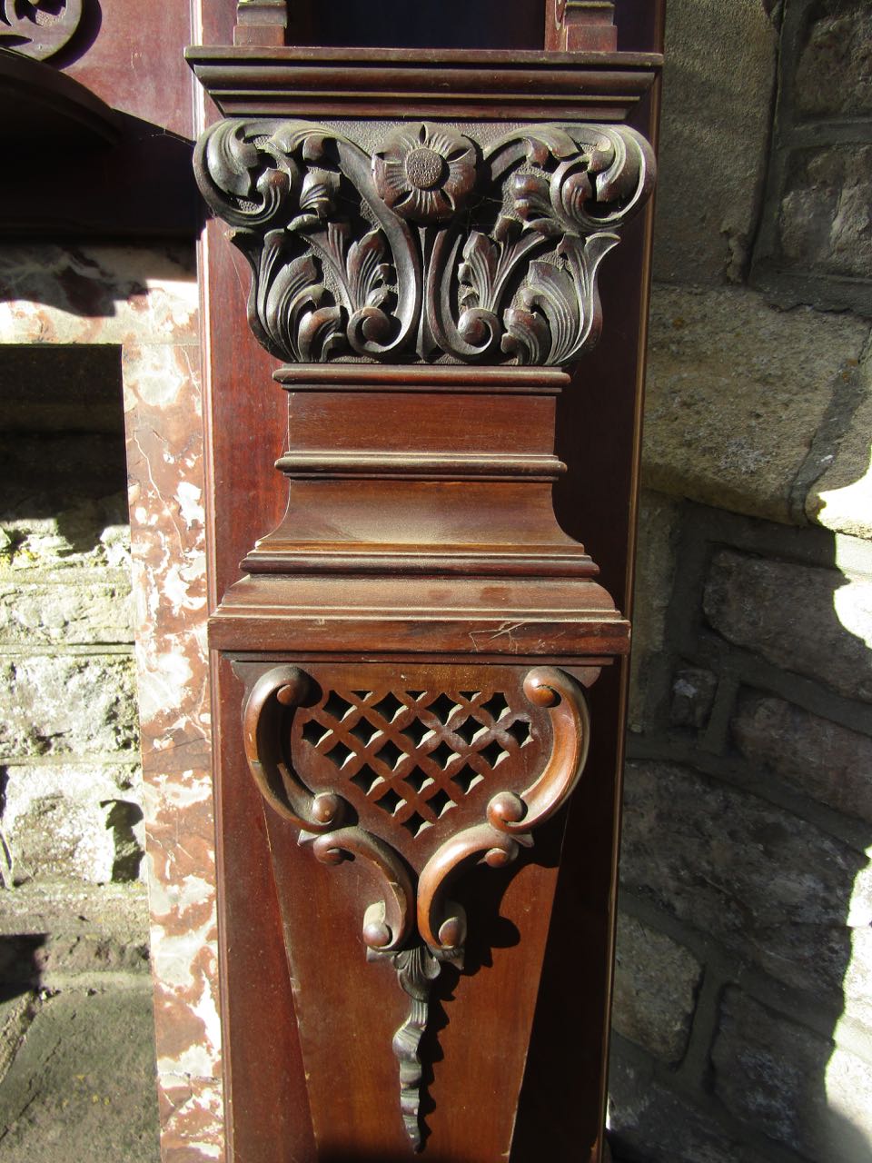 A substantial Edwardian mahogany and marble lined fire surround with carved and pierced detail, - Image 2 of 2