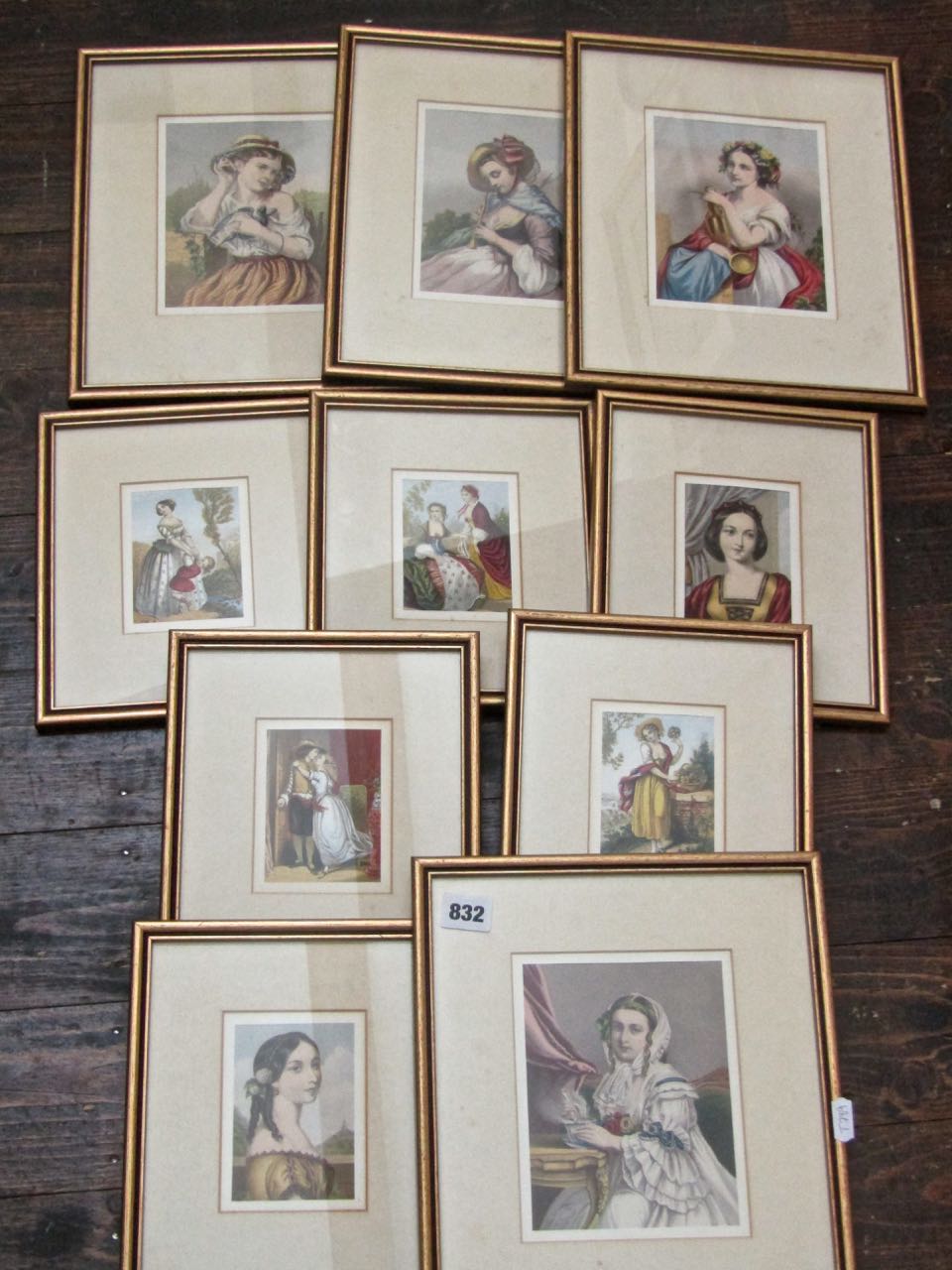 A set of four 19th century coloured engravings of female characters, 17x13cm approx, together with a