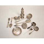 Collection of small silverware, caster, casting spoon dish, condiments and decorative flatware