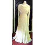 vintage wedding dress in ivory crushed velvet, with cowl neck, tailored bodice and train, together