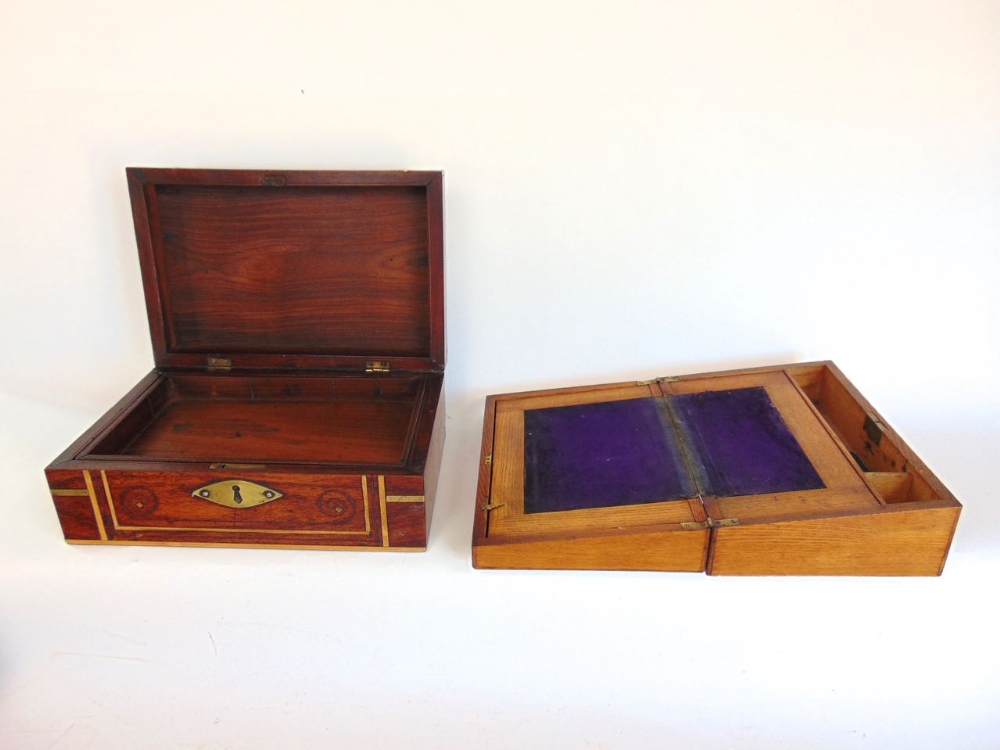 An eastern hardwood and brass inlaid work box together with a further parquetry writing slope (2). - Image 2 of 2