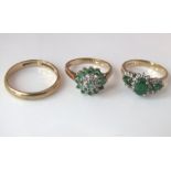 Three 9ct rings comprising a wedding band, size U, and two diamond cluster rings, 10g total