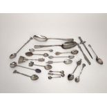 A collection of English and continental silver and plated souvenir spoons together with two rat tail