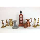 A box of metal ware to include antique copper jug, interesting cast pewter candlestick and further