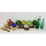 A box of interesting glassware to include witches balls and bottles, further antique slip ware