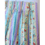 Two pairs of curtains in mauve, duck egg, floral design, both lined and interlined with triple pleat