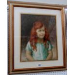 A 20th century half length watercolour portrait of a little girl with red hair wearing a green