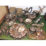 A mixed collection of silver plate to include a Georgian style faceted tea service, four wall