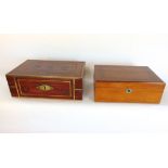 An eastern hardwood and brass inlaid work box together with a further parquetry writing slope (2).