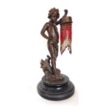 A bronze spelter figural table lamp of a putti, the base signed Aurili, 42 cm high approx.