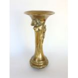 A Japanese polished bronze flared vase cast in relief with Japanese pond iris upon a base cast