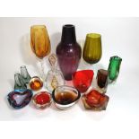 A mixed collection of mid century art glass to include a red Whitefriars bowl, large baluster