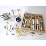 A large collection of silver plated flatware together with a further bachelor tea pot, silver waiter