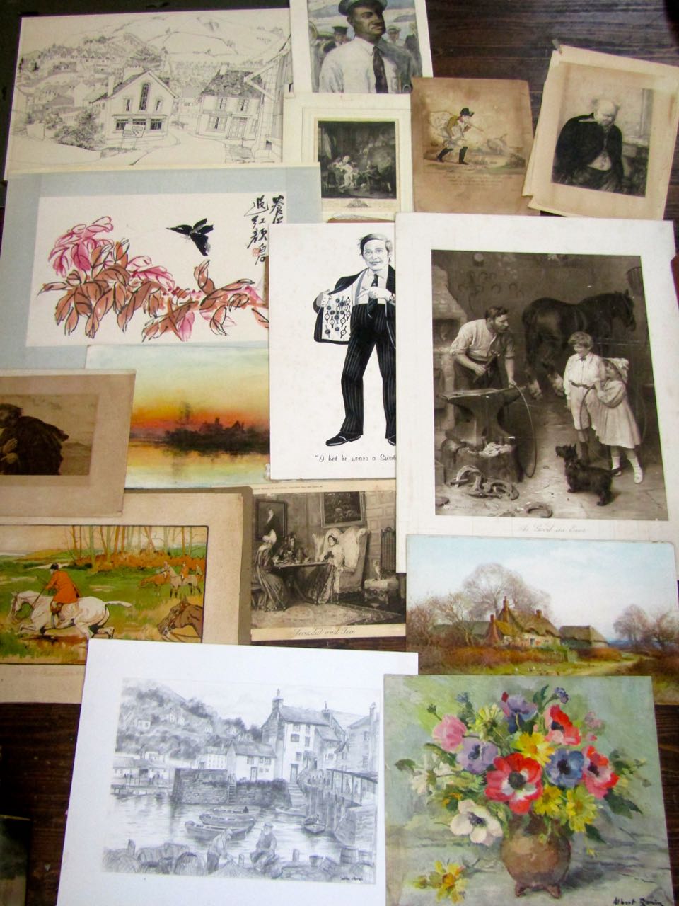 A collection of unframed pictures and prints including a signed artist proof of a musician after