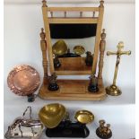 A mixed collection of miscellaneous metalware to include a cast brass crucifix, a pair of Viking